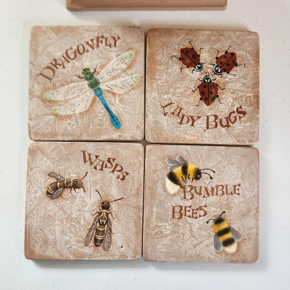 Vintage 1990s Hand Painted Wood Coasters Bees Dragonfly Lady Bugs Folk Art Set - Picture 3 of 8